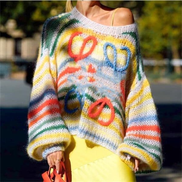 Spring Autumn Womens Sweaters Jacquard Knitting Color Matching Striped Women's Sweater Casual Loose Pullover Top