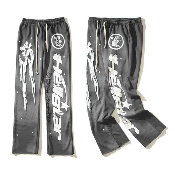 Sweatpants Pants Men Hip Hop Vintage Grey Cotton Printed Flare Joggers Drawstring Street Wear Black Trousers