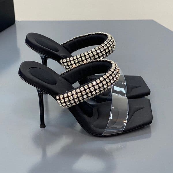 PVC crystal embellished strap slippers mules shoes Rhinestone spool Heel satin Cotton soft fabric women's heels Luxury Designers heeled sandals factory footwear