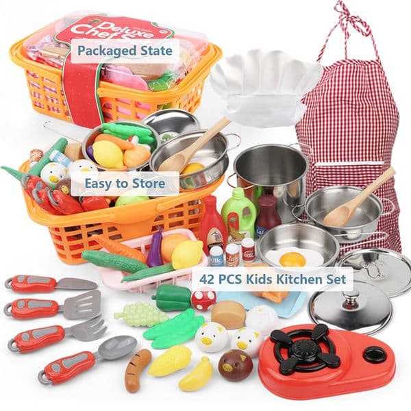2026 New Kitchens Food 42 PCS Pretend Play Kitchen Toy Children Chef Role Playset Cooking Set Educational Gift For Toddlers Kids Girls Boys 230626 Designer