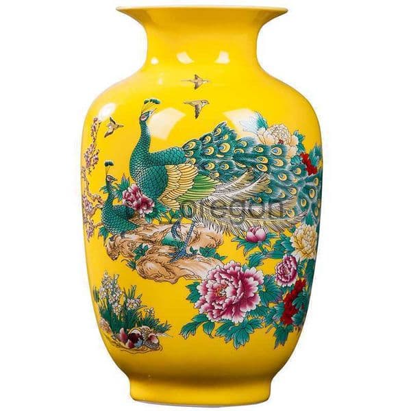 Decorative Objects Figurines Jingdezhen Ceramics Yellow Peacock Flower Vase New Chinese Home Desktop Arrangement Living Room Decoration Arrangement