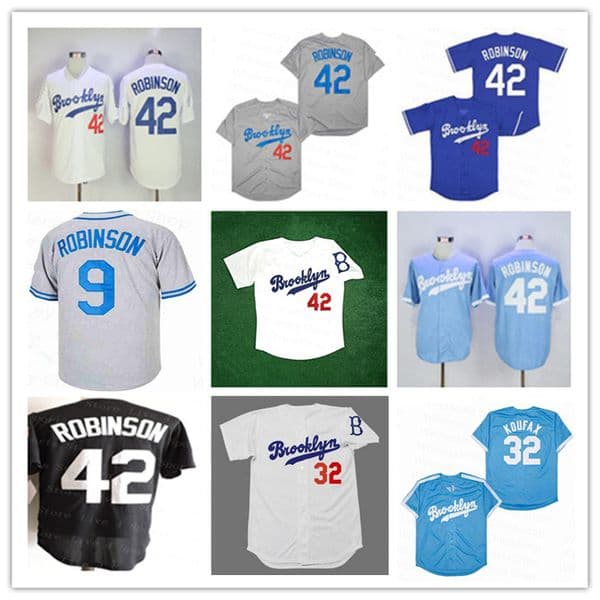 Men Retro 42 Jackie Robinson Baseball Jersey 32 Sandy Koufax Brooklyn 2018 Hall Of Fame Vintage Shirt Stitched Blue White Grey Cream Black S-3XL