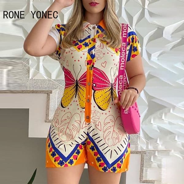 Women's Jumpsuits Rompers Women Casual Turn Down Collar Short Sleeves All Over Print Button Bodycon Rompers 230628