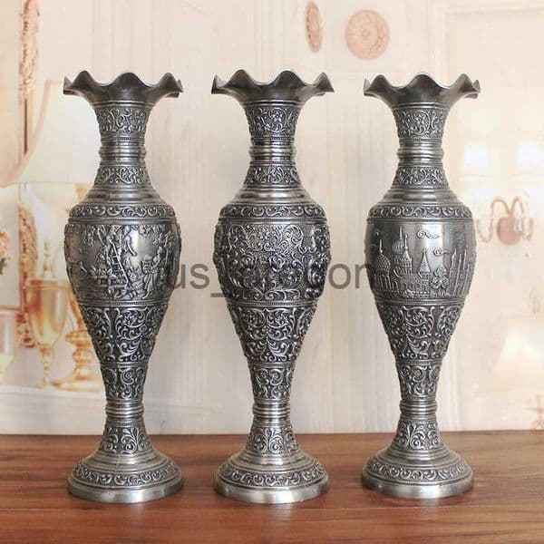 Vases 2 Sizes Metal Vase Pewter Color Tabletop Art Decor Craft Antique Flower Carved Vintage Castle Pattern Home Decoration x0630