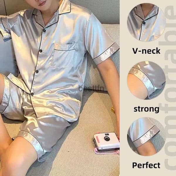 2026 New Women's Sleep Lounge Men Pajamas Set Sleepwear Nightclothes Black Gray XXL 3XL 4XL Shirts Shorts Smooth Ice Silk Solid Color Casual ComfortL231005
