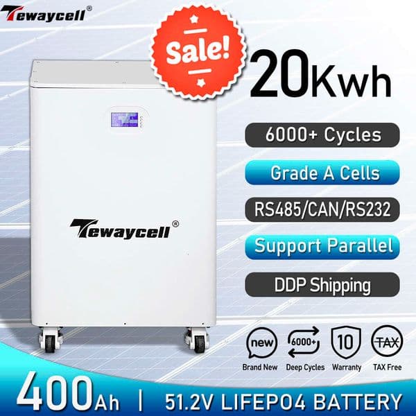 Tewaycell 400Ah 20KWh 48V Lifepo4 Battery 51.2V Powerwall 6000+Cycles RS485 CAN 16S BMS Mobile ESS Solar System NO TAX