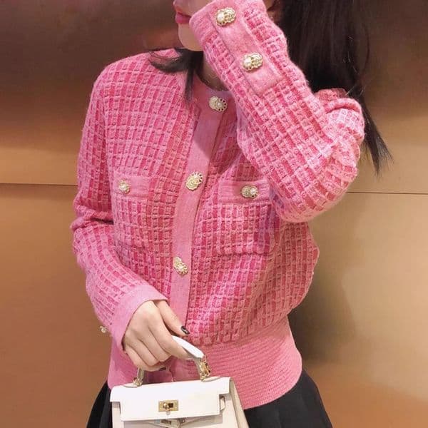 Womens elegant lurex patchwork long sleeve knitted single breasted sweater cardigan tops SML