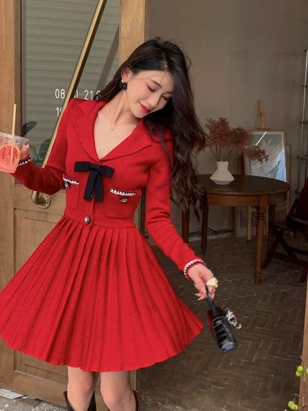 24*Self Portrait Red Temperament Bow V-Neck Knitted Long Sleeve Dress Short Skirt