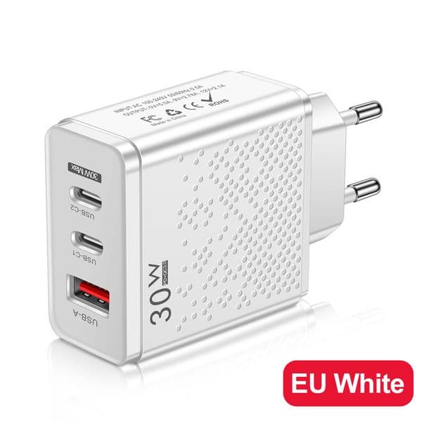 30W USB-C Charger 3 Port PD USB Type C Fast Charging QC3.0 Power Adapter Wall Chargers US EU UK Plugs For Iphone 15 Plus 14 13 11 Samsung Utral Pro Max Travel Home Smart Phone