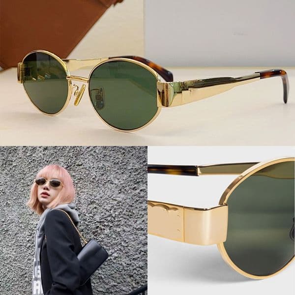 Triomphe lady Oval Frame Sunglasses CL40235 Womens Gold Wire Mirror Frame Green Lens Metal Mirror Leg Triplet Signature on Temple Official Original brown Box