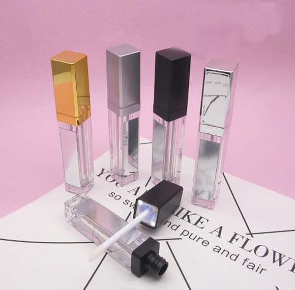 wholesale 7ML LED Empty Tubes with Mirror Square Clear Lip Gloss Bottle Lipgloss Refillable Bottles Container Plastic Makeup Packaging Gold Sliver