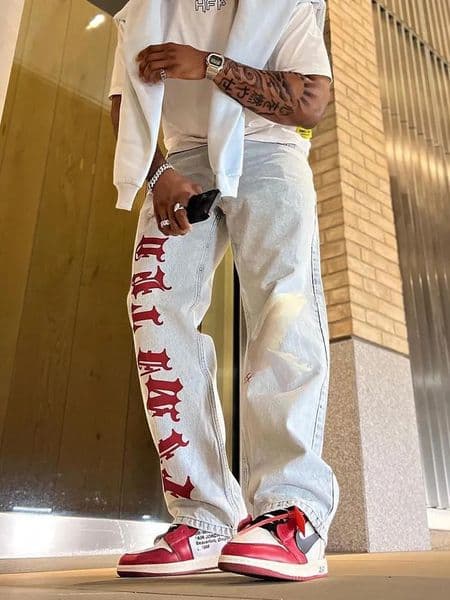 Men's Hoodies Sweatshirts Printed Baggy Jeans For Men Vintage Light Blue Loose Fit Vaqueros Y2K Hombre Fashion Casual Distressed Wash Straight Denim Pants 231018