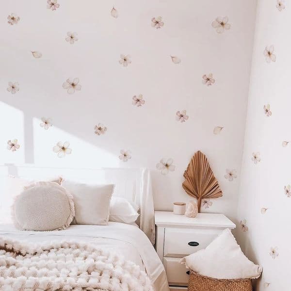 Wall Stickers Pink Sakura Flowers Wall Stickers Decoration For Girls Rooms Boho White Watercolor Flowers On The Wall Stickers Home Decor 231020