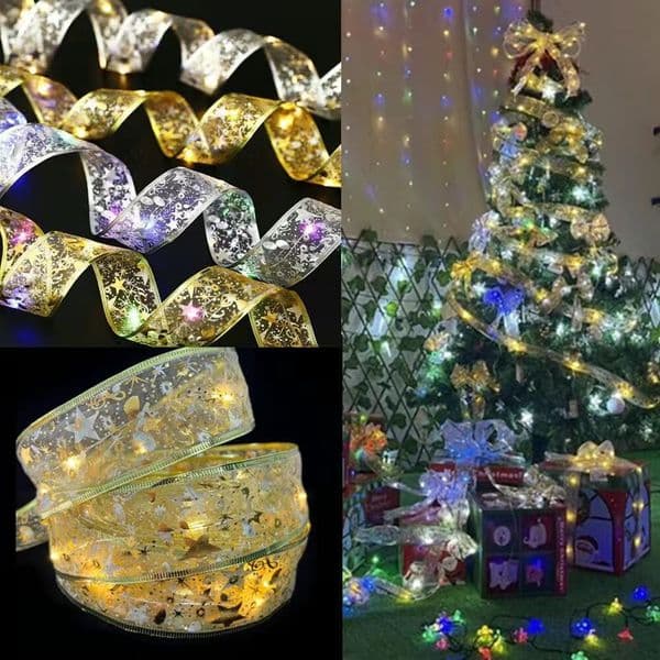 NEW 50 5M Double Layer Fairy Lights Strings Ribbon Bows With LED Christmas Tree Ornaments New Year Navidad Home FY2570 1023