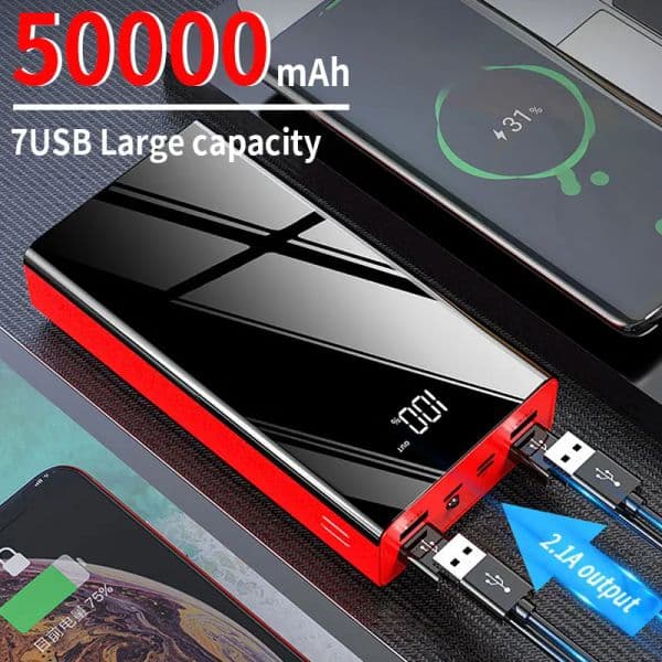7-in-1 50000mAh Power Bank Large Capacity 2.1A Super Fast Charger Portable Charger 7USB Digital Display Battery With Flashlight