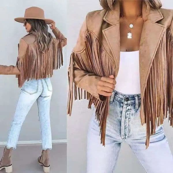 Women's Jackets Women Y2k Fringed Hem Tassel Cardigan Crop Tops E-girl Motor Biker Jacket Suede Leather Jacket 90s Vintage Streetwear Coat Cool 231027
