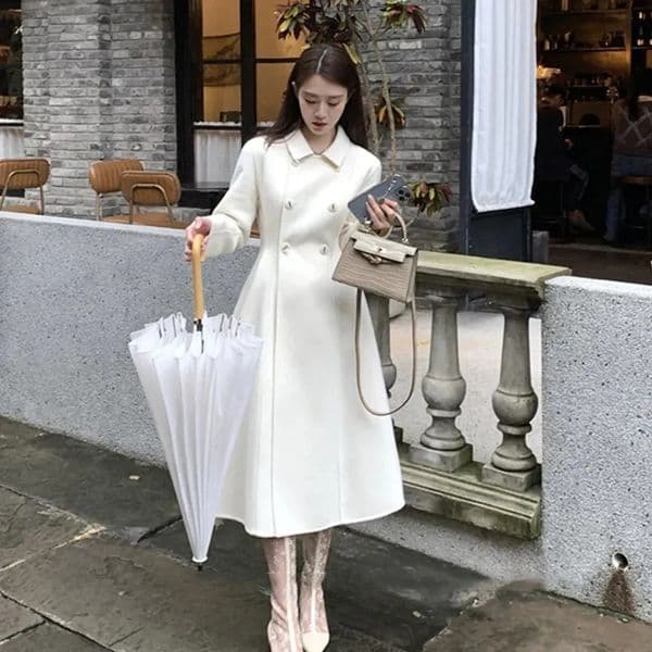 Women's Wool Blends Winter Women Elegant White Slim Woolen Coats Female Double Breasted A-line Korean Thick Warm Long Coats Office Lady Coats 231027