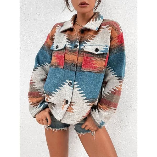 Women's Wool Blends Spring Fashion Polo Collar Single Breasted Women Jacket Jacquard Ethnic Style Female Woolen Coat Woman Top 231027