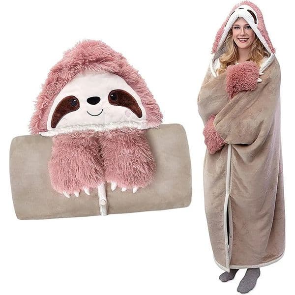 Blankets Cozy Cartoon Sloth Hooded TV Blanket with Gloves for Adults and Kids Soft Warm Sherpa Fleece Throw 231030