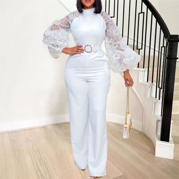 Women's Jumpsuits Rompers White Elegant for Women Lantern Sleeve High Waisted Solid Fashion Office Ladies Formal Business Work Wear Overalls 220902