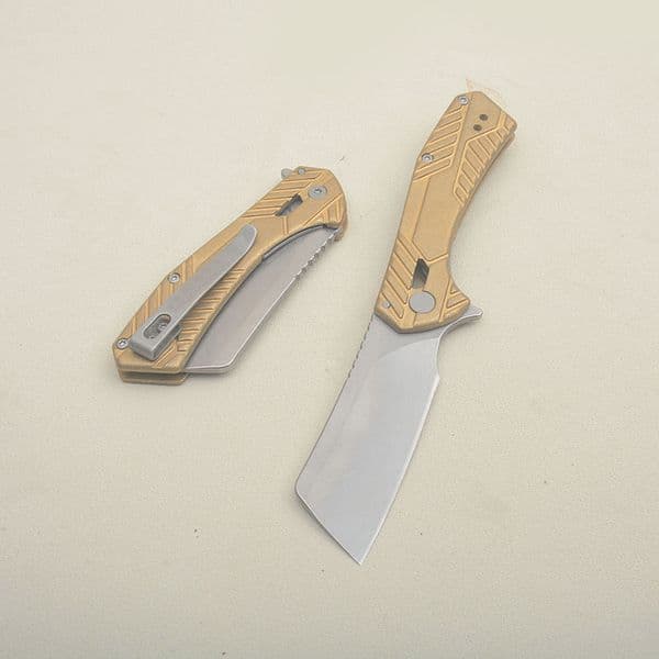 High Quality K6445 Flipper Folding Knife 8Cr13Mov Gray Titanium Coated Tanto Blade knife Gold Stainless Steel Handle Ball Bearing Folder Knives with Retail Box