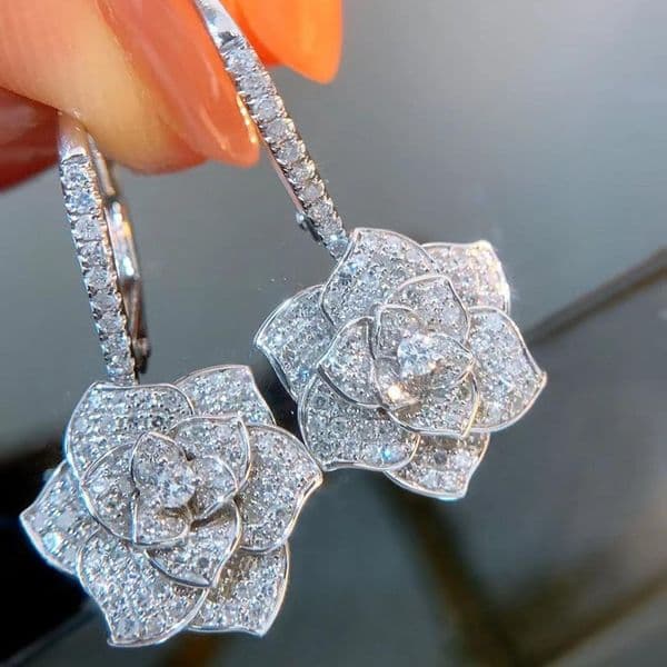 Luxury Cube Zircon Camellia Flower Dangle Earrings for Women Ladies Diamond Drop Earring Bride Wedding Jewelry Gift Top Quality