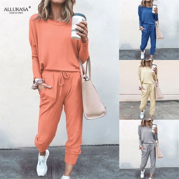 Women's Two Piece Pants Women 's Fashion Loose Solid Color Long-sleeved T-shirt Trousers Casual Sports Suit Spring and Autumn Two Flat 220913