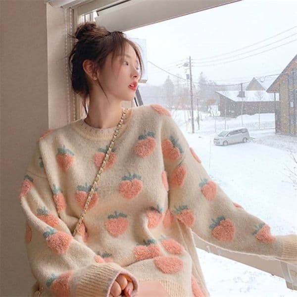 Women's Knits Tees Winter Knitted Sweater Women Strawberry Embroidery Oversized Pullovers Harajuku Casual O-Neck Loose Knitwear Jumper Sueter Mujer 220914