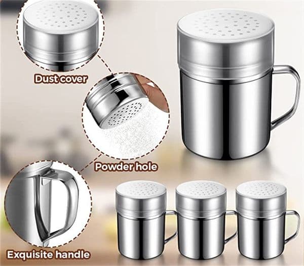 Factory Mills Stainless Steel Dredges Spice Shaker Pepper Bottles with Handles and Lids Powder Sugar Duster