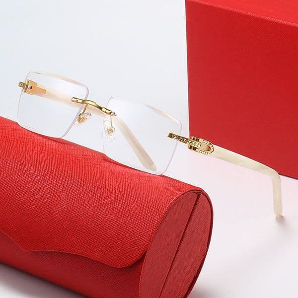 Rimless Sunglasses Mens Luxury Designer Sun Glasses Vintage Rectangle Diamond Cut Lens Fashion Woman Buffalo Horn Glasses C Decoration Shades Eyewear Gafas De Sol