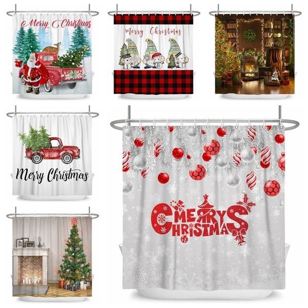 Shower Curtains Merry Christmas Curtain Snowman Santa Car Red Truck Xmas Ball Pine Tree Winter Forest Landscape Waterproof Bathroom Decor 220922