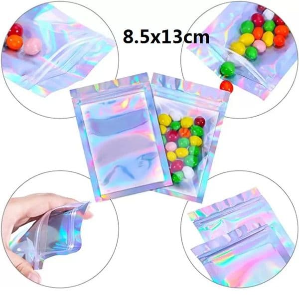 Pieces Resealable Smell Proof Bags Foil Pouch Flat laser Packaging Bag for Party Favor Food Storage Holographic Color 8.5x13cm