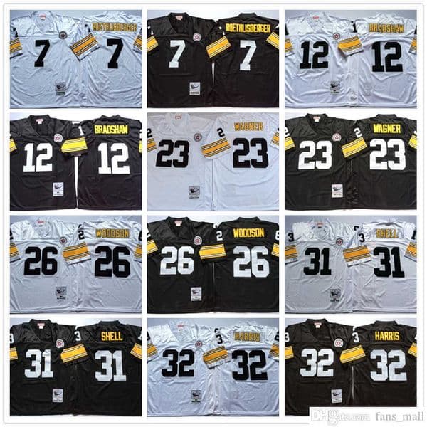 Throwback Vintage Football 26 Rod Woodson Jerseys Stitched 7 Ben Roethlisberger 12 Terry Bradshaw 23 Mike Wagner 32 Franco Harris 31 Donnie Shell Jersey