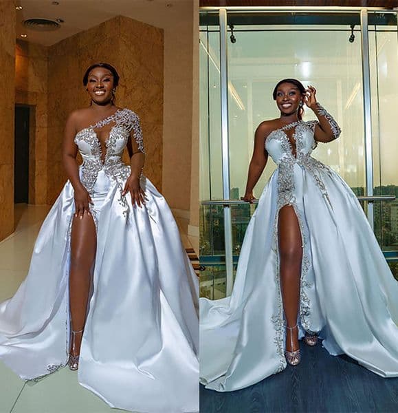 Satin Gold Appliques Mermaid Wedding Dress One Shoulder Long Sleeve Bride Dresses High Split Bridal Gowns 0529 Youmaidress