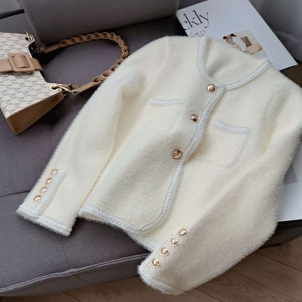 Womens faux mohair wool knitted single breasted sweater cardigan coat solid color