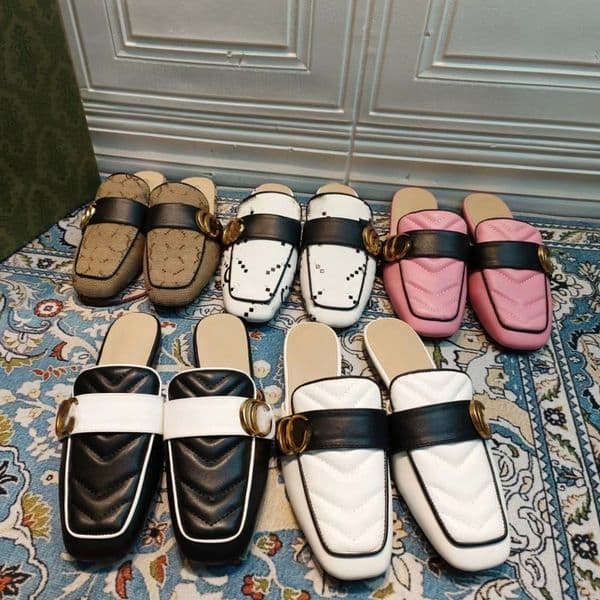 Women's Half Slippers Top Leather Vintage Muler Shoes New Designer G Sandals Metal Letter Buckle Luxury Brand Flat Heel BaoTou Outdoor Classic Velvet Embroider Line