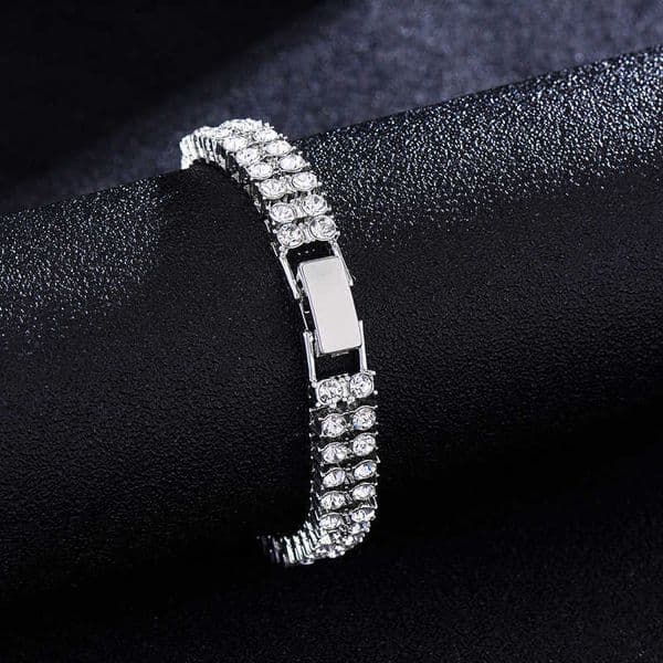 Designer Double Row Iced Out Tennis Bracelet Silver Plated CZ Crystal Hip Hop Jewelry