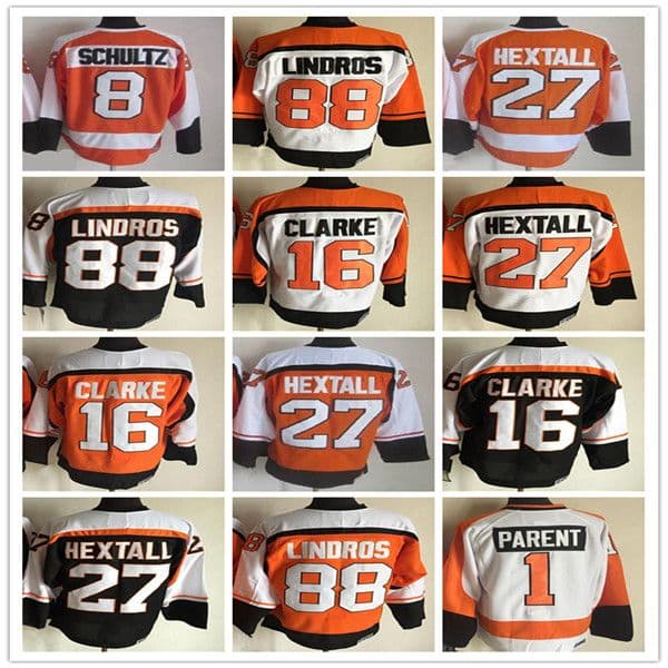 Men CCM Vintage Hockey Jerseys 88 Eric Lindros 16 Bobby Clarke 27 Ron Hextall 1 Bernie Parent 8 Dave Schultz Stitched Retro Uniforms Black Orange White Alternate