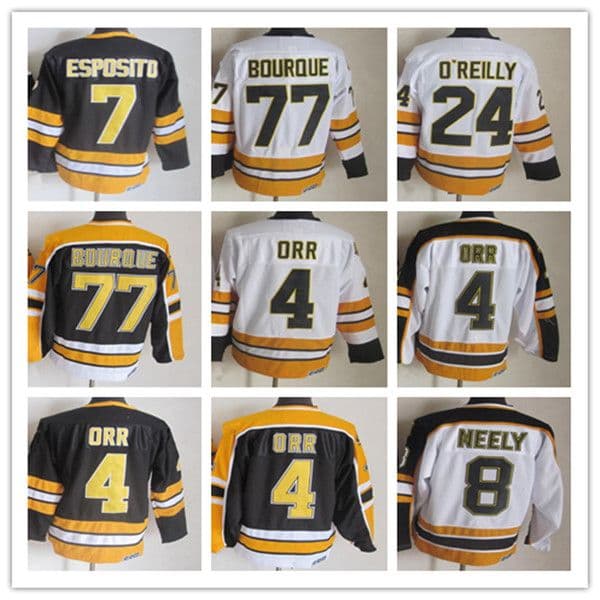 Boston Vintage Ice Hockey Jerseys 4 Bobby Orr 7 Phil Esposito 24 Terry O'Reilly 8 Cam Neely 77 Ray Bourque Stitched CCM Retro Uniforms Black White Yellow Alternate