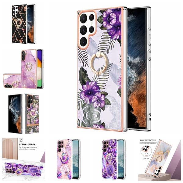 28designs Metal Finger Ring Holder Soft TPU Cases For Iphone 16 Pro Max 15 14 13 12 11 Samsung S25 Plus S24 Ultra S23 FE Geometric Marble IMD Bling Granite