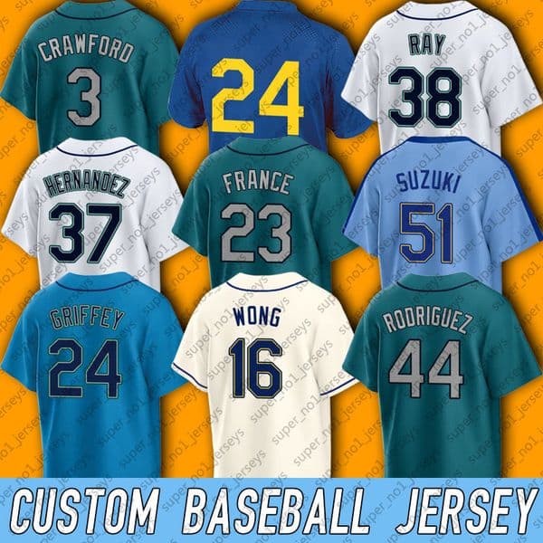 Seattle 44 Julio Rodriguez Baseball Jersey Ken Griffey Jr Ichiro Suzuki Kolten Wong Ty France Jerseys Eugenio Suarez JP Crawford Robbie Ray Logan Gilbert Gonzales