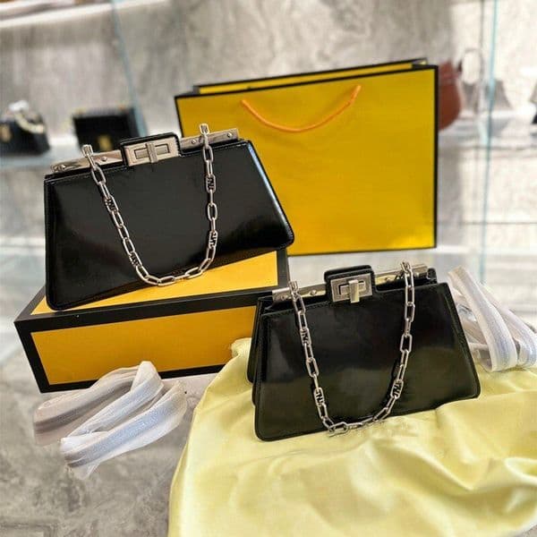 Fashion cowhide Peekaboo bags womens Organ Bag shoulder bag PU Patent Leather ladies crossbody chain handbags Rotary Lock Silver Metal Solid Color