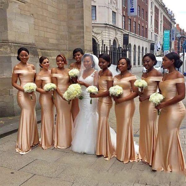 New Gold Cheap Mermaid Bridesmaids Dresses or Length Pleated Off Shoulder Formal Maid of Honor Wedding Guest Dress