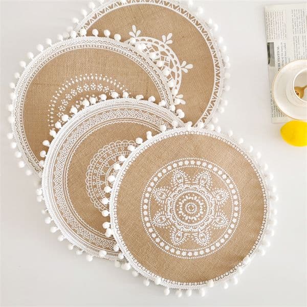 Woven Round Table Mats Handmade Cotton Linen Placemats With Tassel/Pompom Home Decoration B2