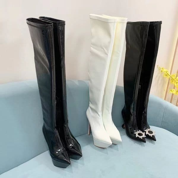 Begum Leather over-the-knee boots crystal-embellished pointed-toe tall boot stretch spool heels Thigh-High Booties for women luxury designer shoes factory footwear