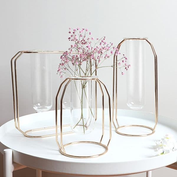 Vases Nordic Creative Home Decor Golden Glass Hydroponic Plant Holder Iron Line Flowers Ornament Garden Decoration 221108