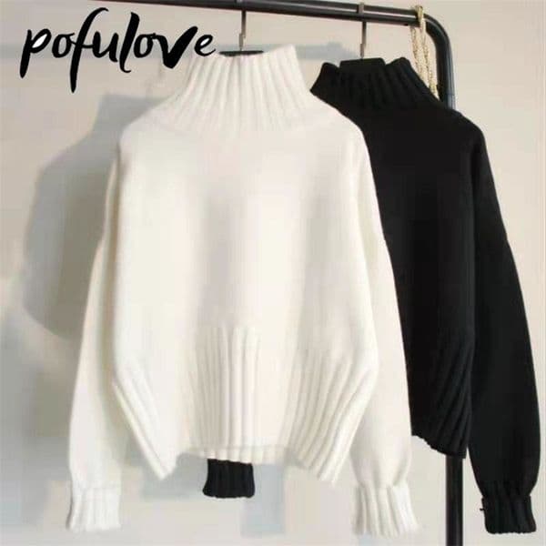 Women's Sweaters Turtleneck Pullover Knitted Jumpers Soft White Black Women Drop Loose Fit Autumn and Winter 221109