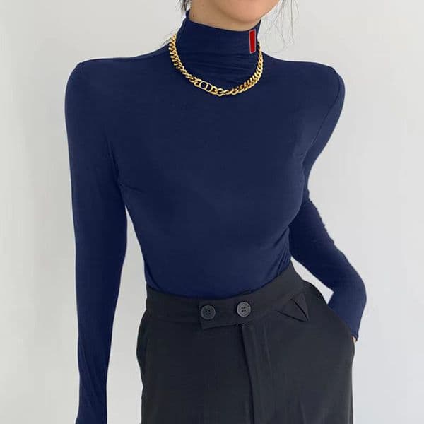 Women T Shirts Long Sleeves High Neck Budge Blouses Shirt Lady Slim Outwear Tops Sweatshirt