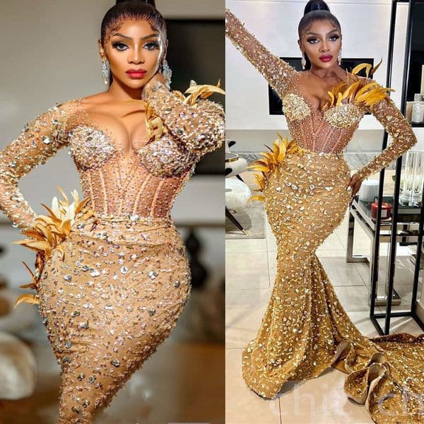 Arabic Aso Ebi Mermaid Gold Prom Dresses Beaded Crystals Feather Evening Formal Party Second Reception Birthday Engagement Gowns Dress