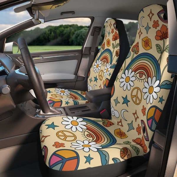 Car Seat Covers Rainbow Peace Love Hippie Retro Boho Car Seat Cover For Women Universal Fit Cute Colorful Floral Front Bucket Seat Cover For T221110